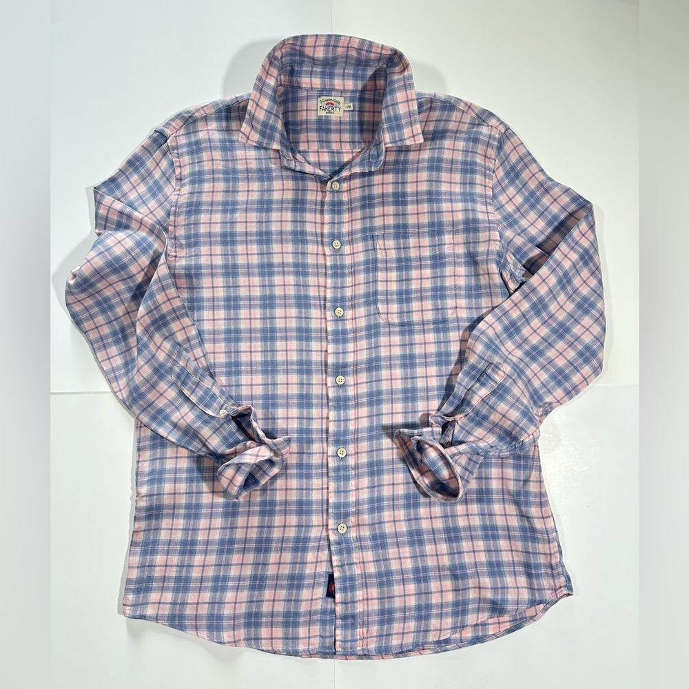 Mens Faherty Linen Blend Shirt In Morning Breeze Plaid, Size Medium, MWU2103